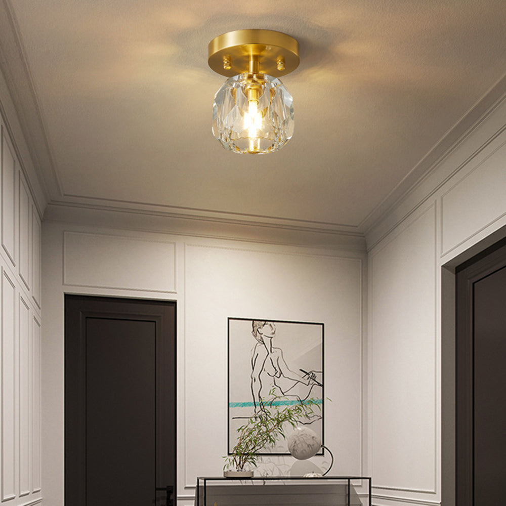 Elegant Flush Mount Ceiling Light Fixture with Gold Frame & Crystal Shade for Modern Interiors 0