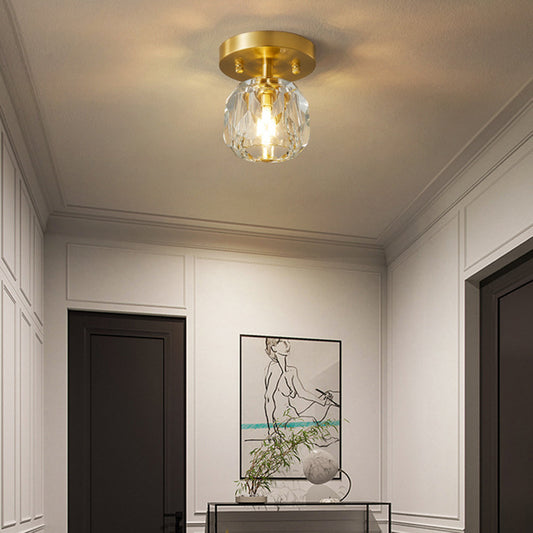 Elegant Flush Mount Ceiling Light Fixture with Gold Frame & Crystal Shade for Modern Interiors 0