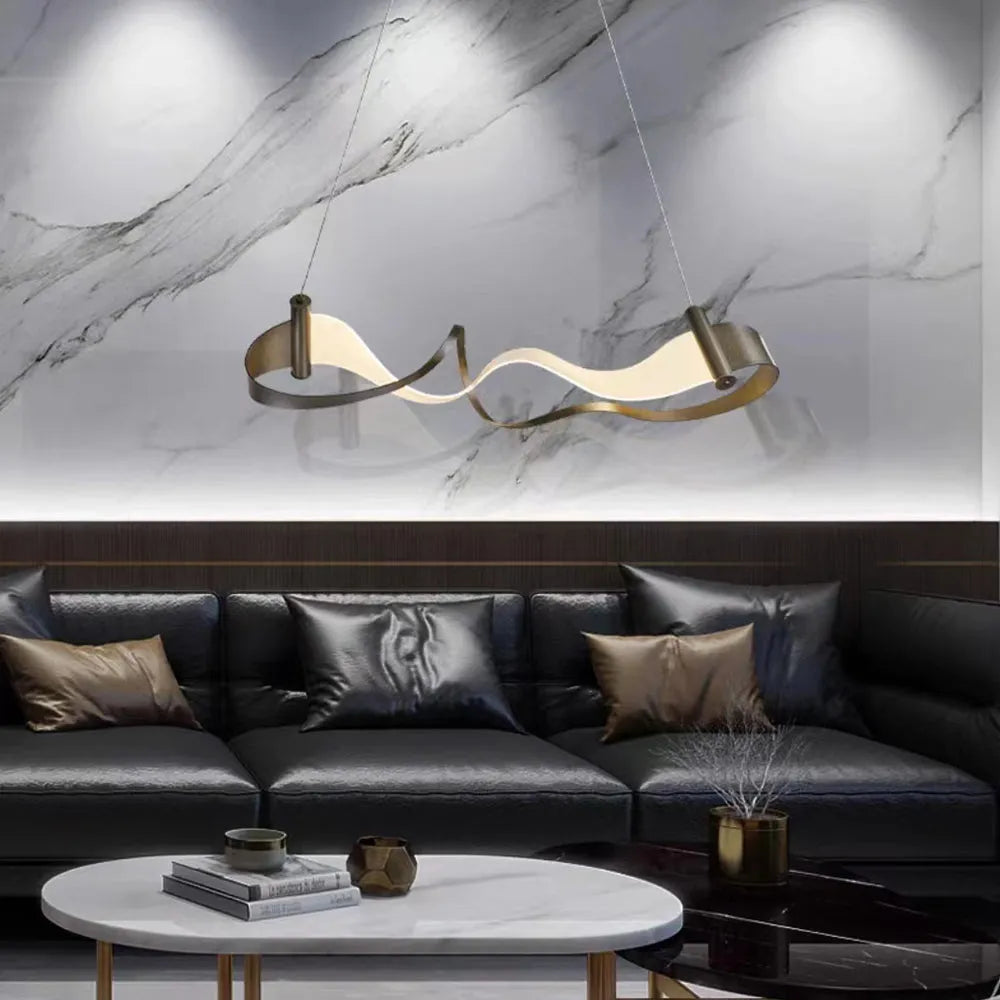 Elegant Metal Gold Pendant Light with Wavy Design | Adjustable Height for Dining and Living Spaces 0