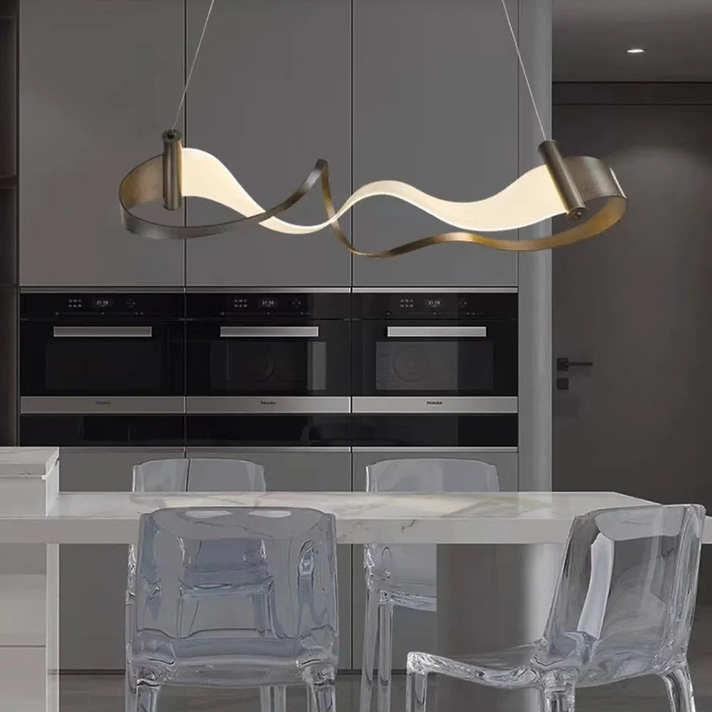 Elegant Metal Gold Pendant Light with Wavy Design | Adjustable Height for Dining and Living Spaces 5