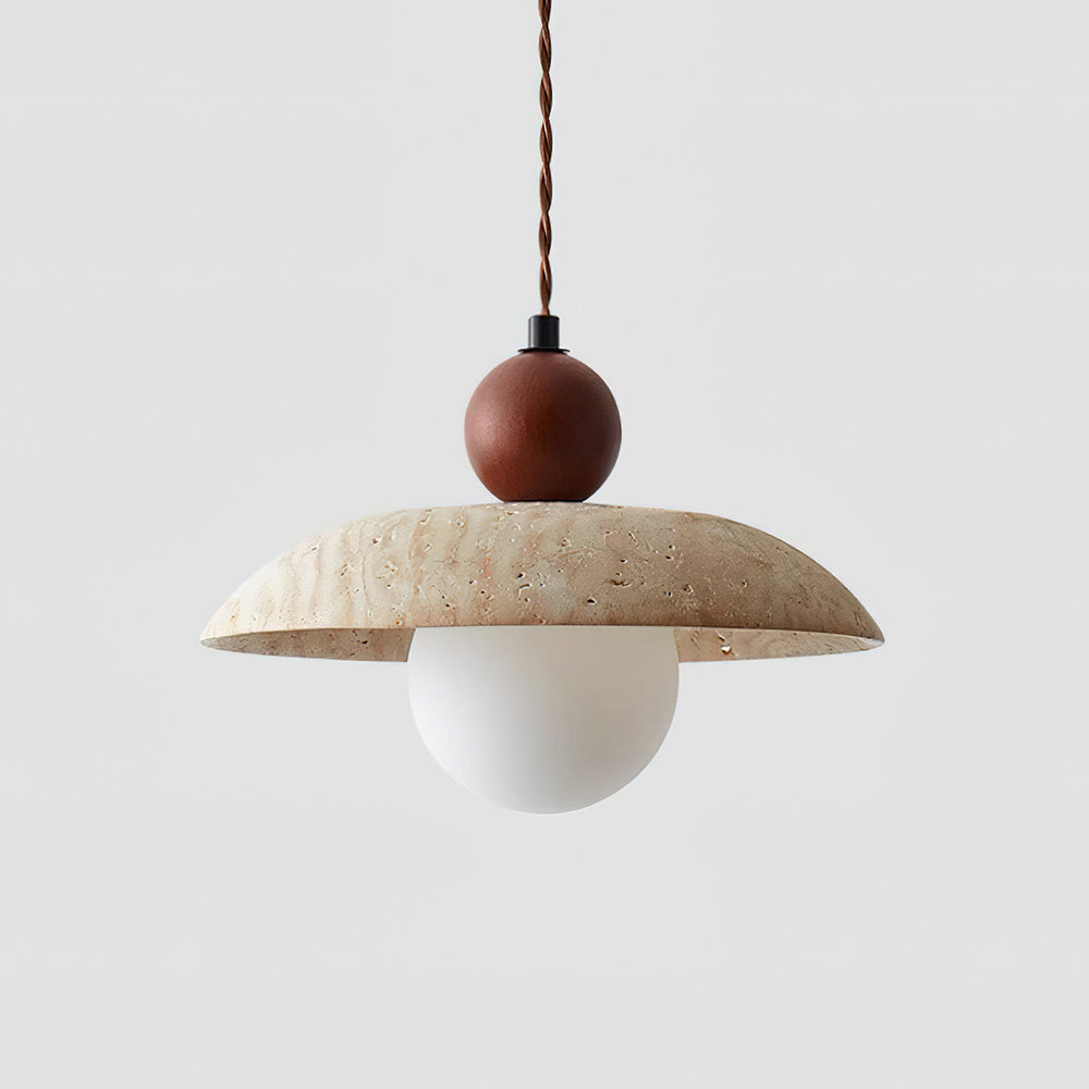 Elegant Pendant Lighting | Travertine Shade with Wooden Accent | Stylish Hanging Light for Warm Ambiance 0