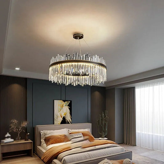 Modern Crystal Chandelier Light with Adjustable Height & LED Strip | Elegant Lighting for Dining Room and Bedroom 0