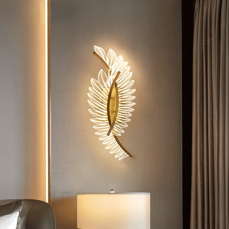 Modern Gold Feather Wall Sconce Lighting with Warm Light | Elegant Wall Lamp for Cozy Ambiance 3