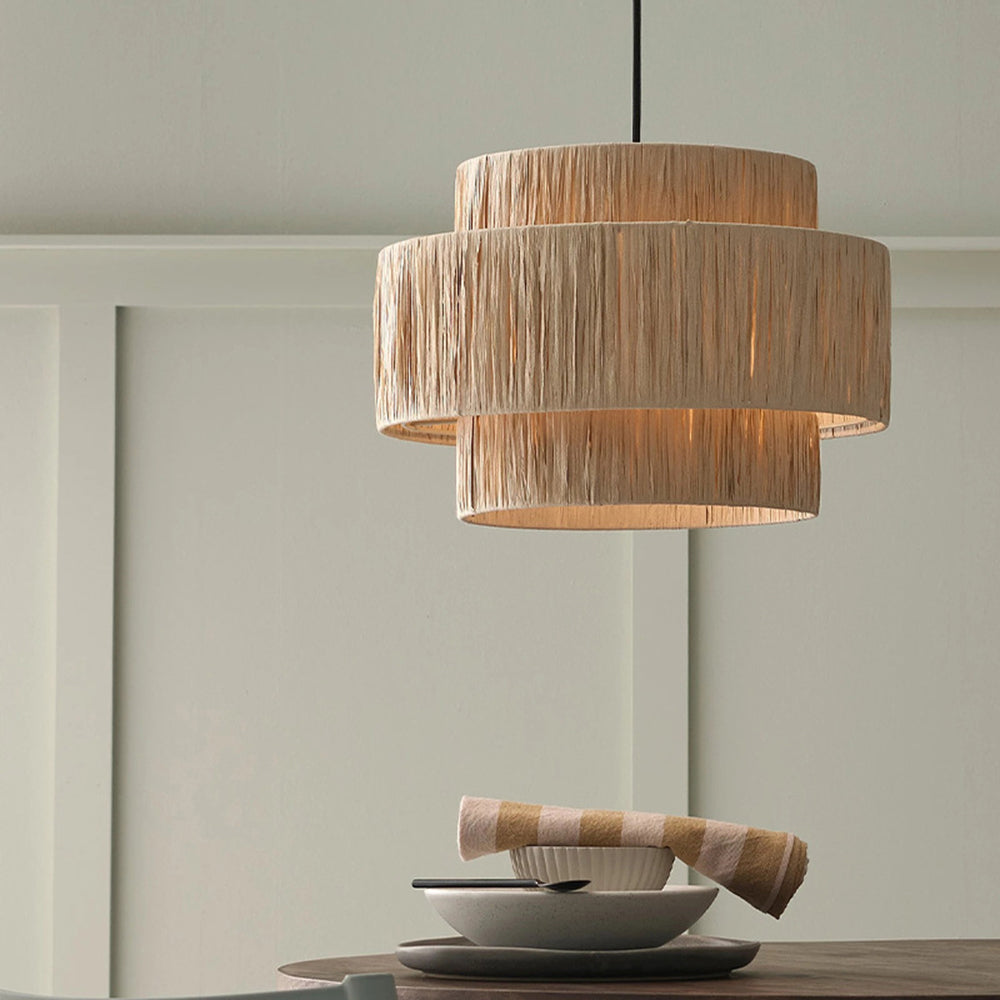Muto | Rustic Boho Rattan Pendant Light with Unique Double Drum Design | Warm Glow for Cozy Interiors 3