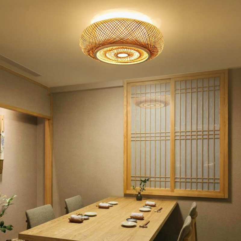 Rustic Rattan Flush Mount Ceiling Light with Energy-Saving LED | Handcrafted Bamboo Design for Cozy Ambiance 1