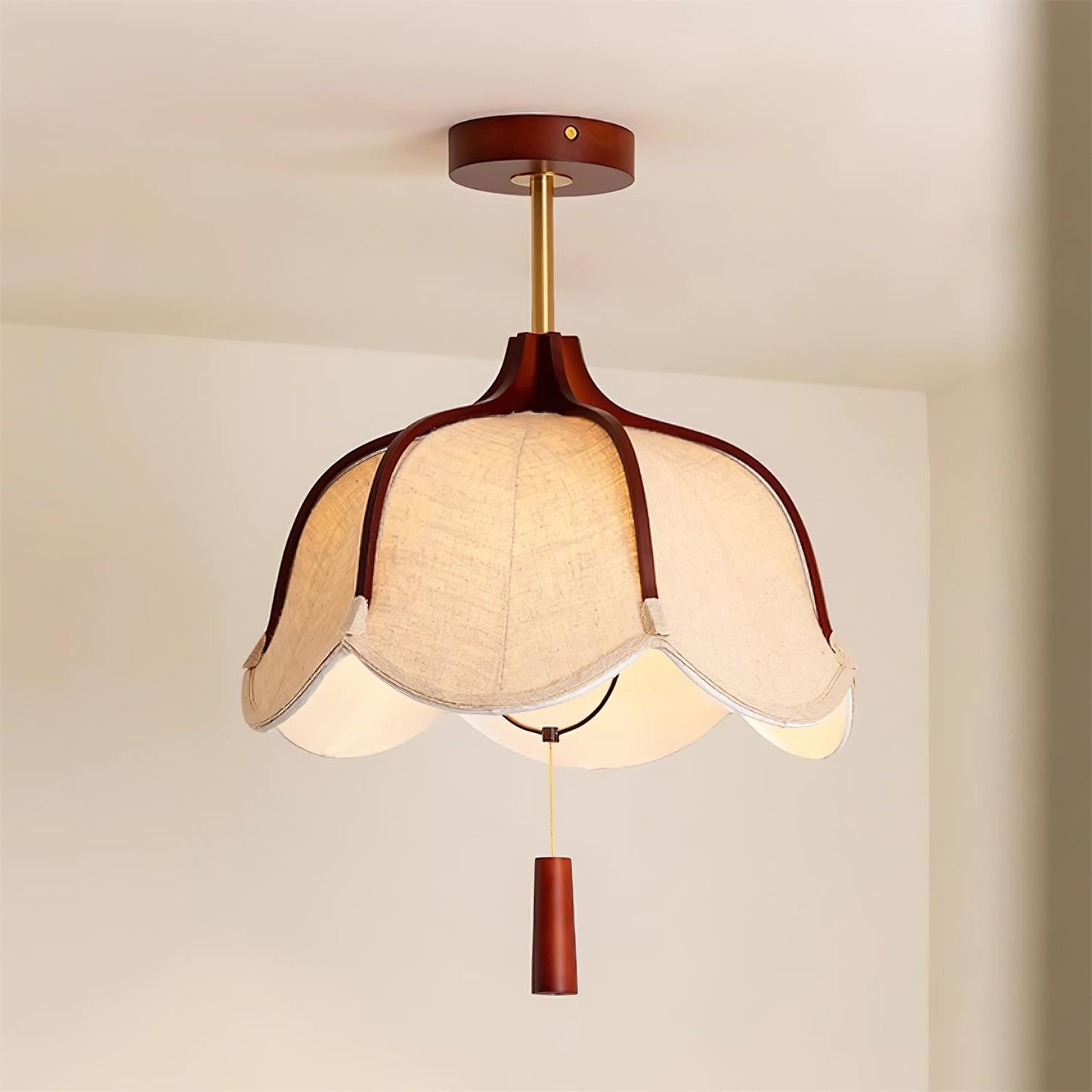 Vintage Fabric Flush Mount Ceiling Light Fixture with Wood Canopy | Elegant Design for Warm Ambiance 2