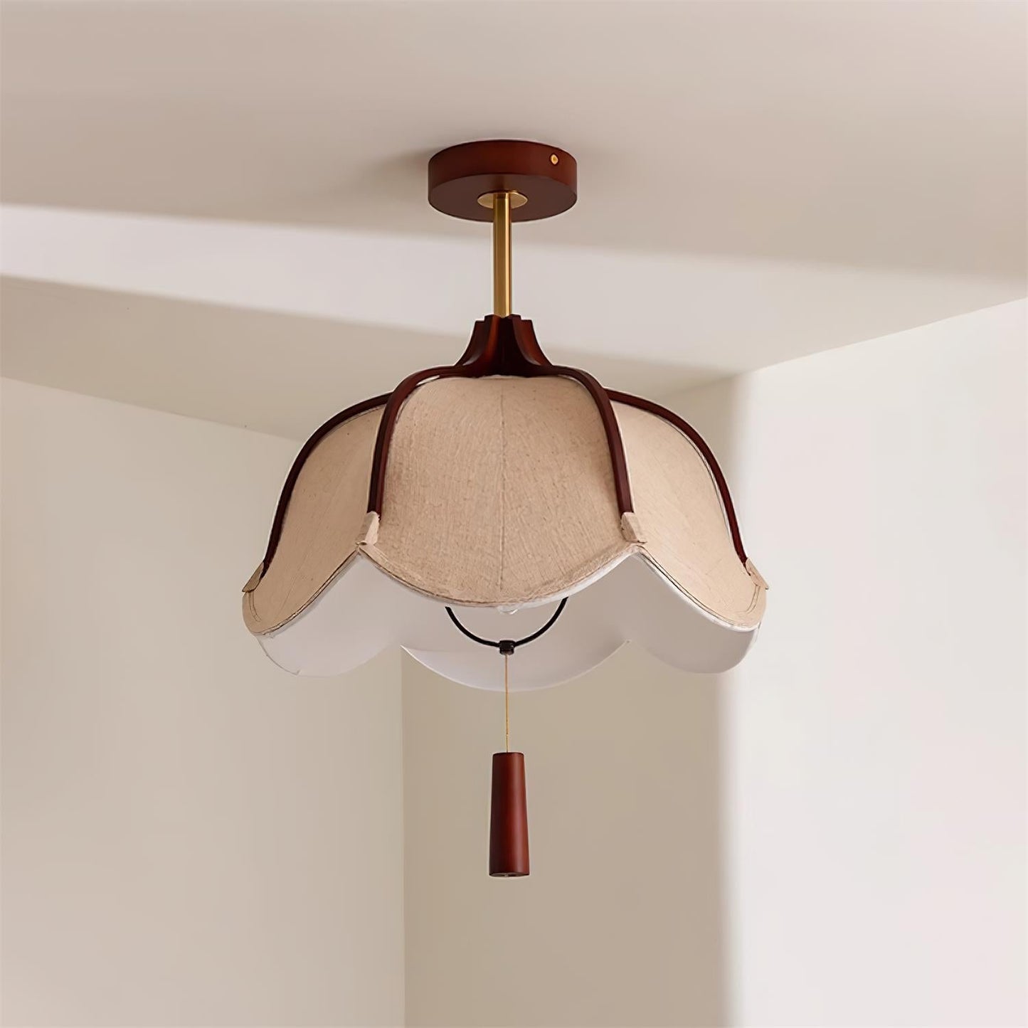 Vintage Fabric Flush Mount Ceiling Light Fixture with Wood Canopy | Elegant Design for Warm Ambiance 7